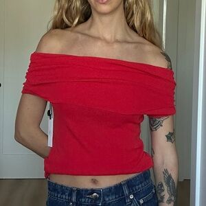 red off the shoulder top